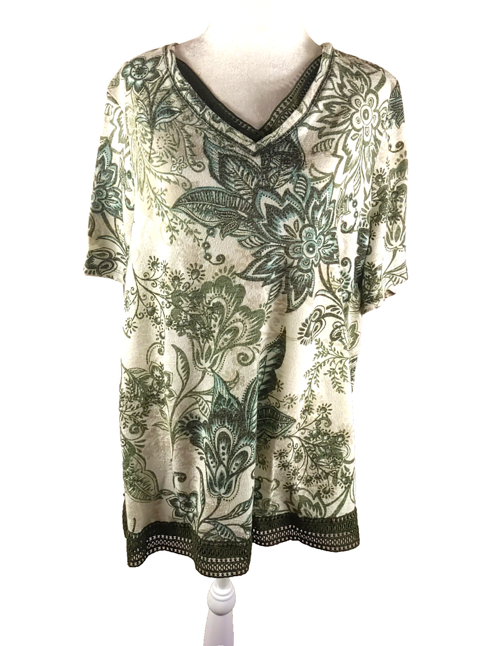 Catherine's Women's Sweater Knit Top Size 2X 22/24 Gray Green White Lace